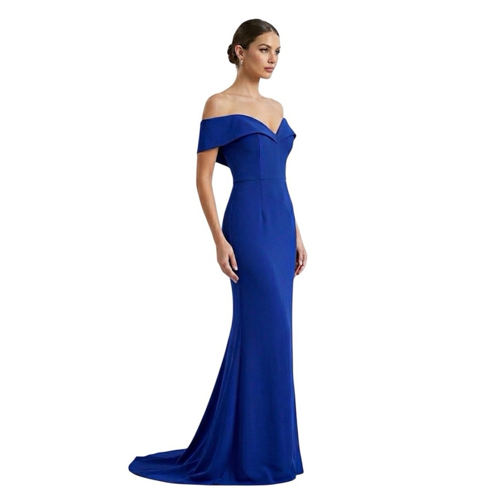 Bariano Australia Off Shoulder Sweetheart Neck Dress Gown With Train Blue Size 4